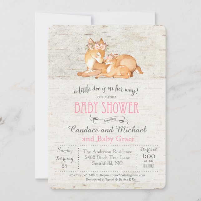 Little Deer Birch Girl Baby Shower Invitation (Front)