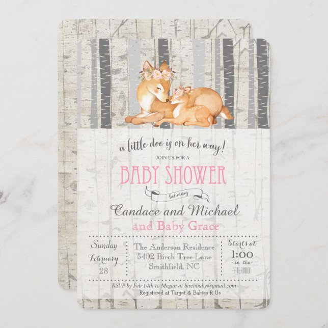 Little Deer Birch Girl Baby Shower Invitation (Front/Back)