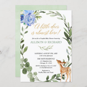 Little deer blue gold baby boy couples shower invitation