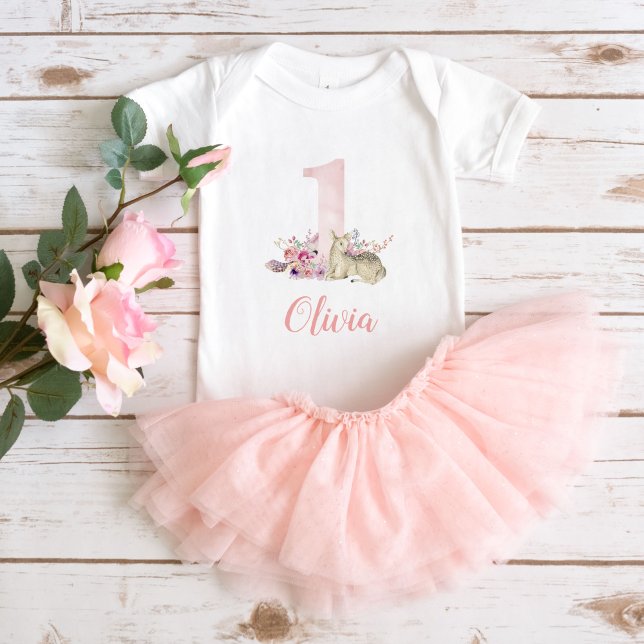 Little Deer First Birthday Monogrammed Baby Bodysuit (Creator Uploaded)