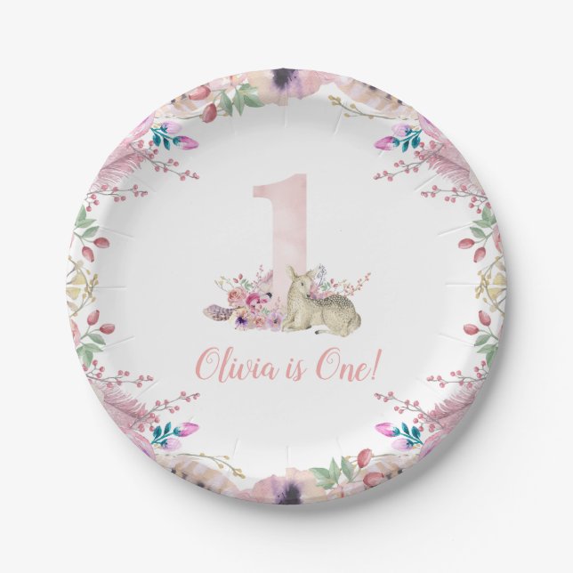 Little Deer First Birthday Party Personalised Paper Plate (Front)