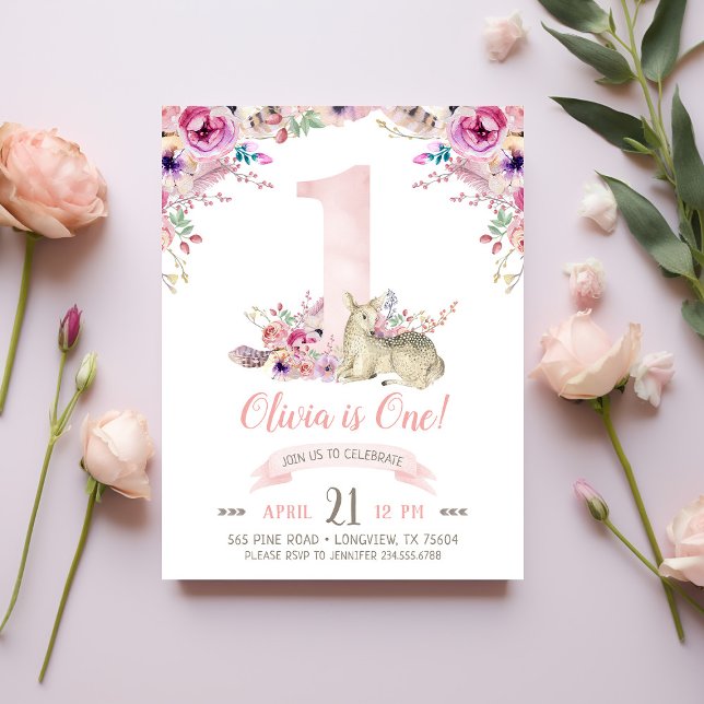 Little Deer First Birthday Party Photo Invitation Postcard (Creator Uploaded)