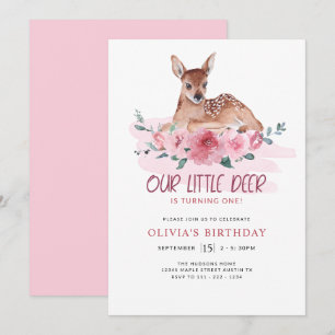 Little Deer Floral Pink First Birthday Party Invitation
