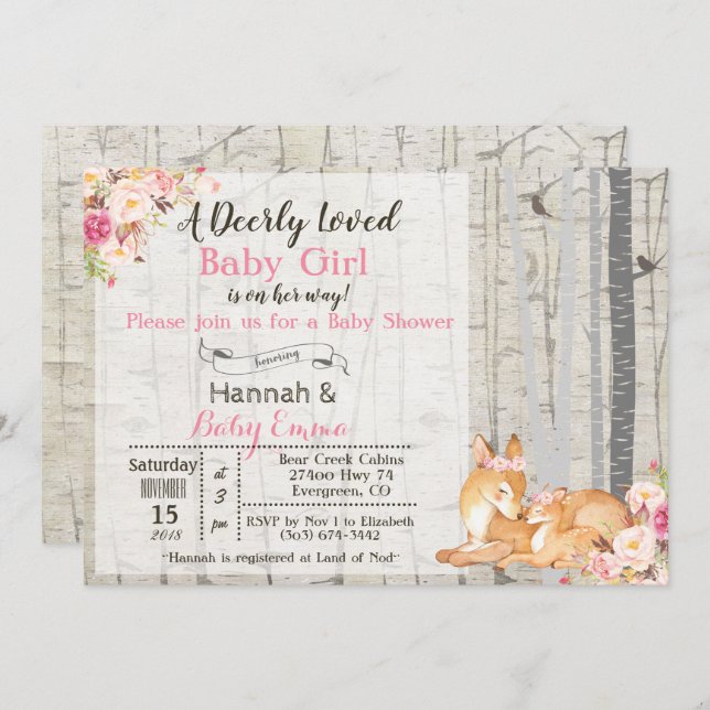Little Deer Girl Floral Baby Shower Invitation (Front/Back)