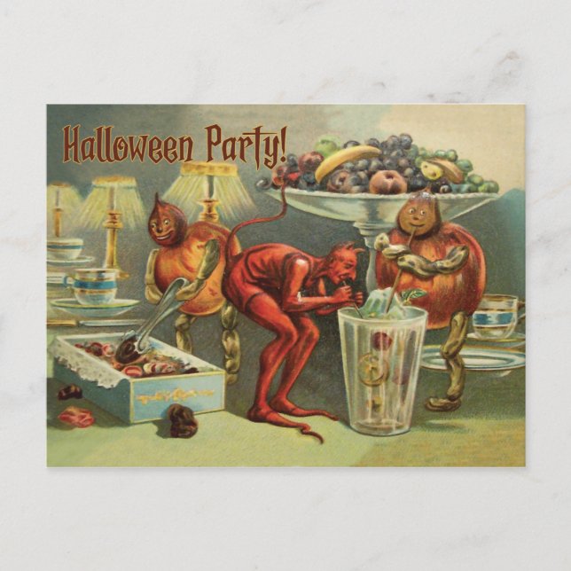 Little Devil on the Table, a Halloween Party Postcard (Front)