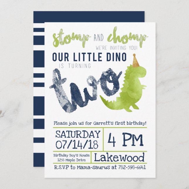 Little Dino 2nd Birthday Dinosaur theme Boy Navy  Invitation (Front/Back)
