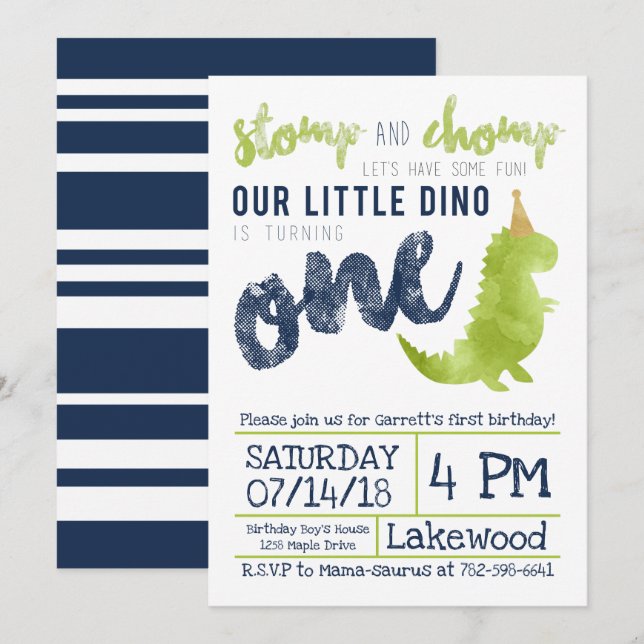 Little Dino First Birthday Dinosaur theme Boy Navy Invitation (Front/Back)