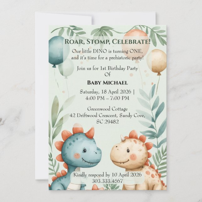 Little Dino Turning One Pastel Watercolor Birthday Invitation (Front)