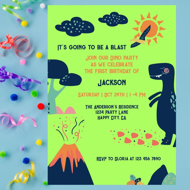 Little Dinosaur Volcano Green Blue 1st Birthday Invitation (Creator Uploaded)