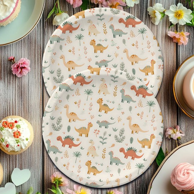 Little Dinosaurs Beige Neutral Tones Paper Plate (Creator Uploaded)