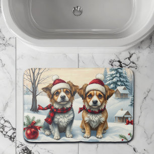 Little Dogs in Preppy Winter Attire and Hat Winter Bath Mat