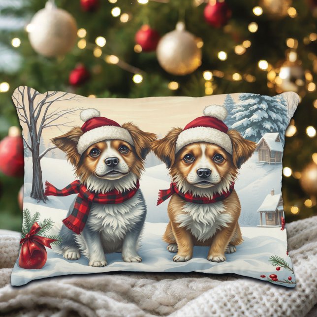 Little Dogs in Preppy Winter Attire and Hat Winter Decorative Cushion (Creator Uploaded)