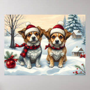 Little Dogs in Preppy Winter Attire and Hat Winter Poster
