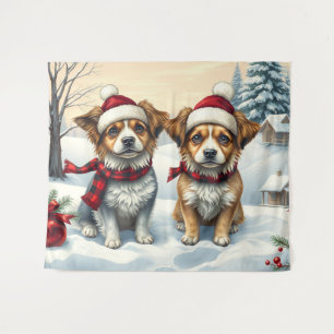 Little Dogs in Preppy Winter Attire and Hat Winter Tapestry