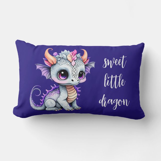 Little Dragon birth stat purple green watercolor Lumbar Cushion (Front)