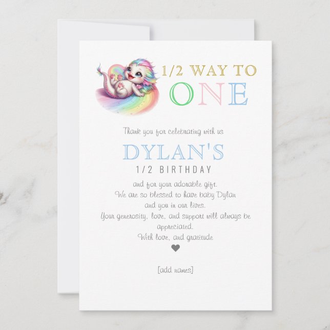 Little Dragon Halfway to One Blue 6 Month Birthday Thank You Card (Front)