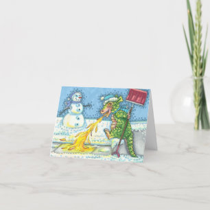 LITTLE DRAGON MELTING & SHOVELING SNOW Funny Blank Holiday Card