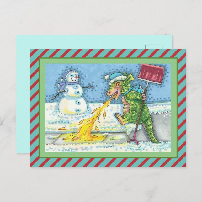 LITTLE DRAGON MELTING & SHOVELING SNOW, FUNNY CUTE HOLIDAY POSTCARD (Front/Back)