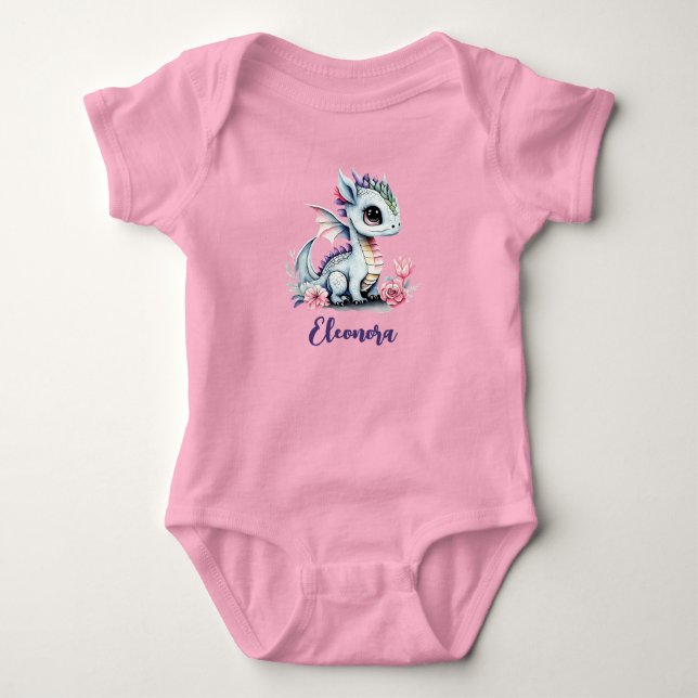 Little Dragon pink editable cute watercolor Baby Bodysuit (Front)