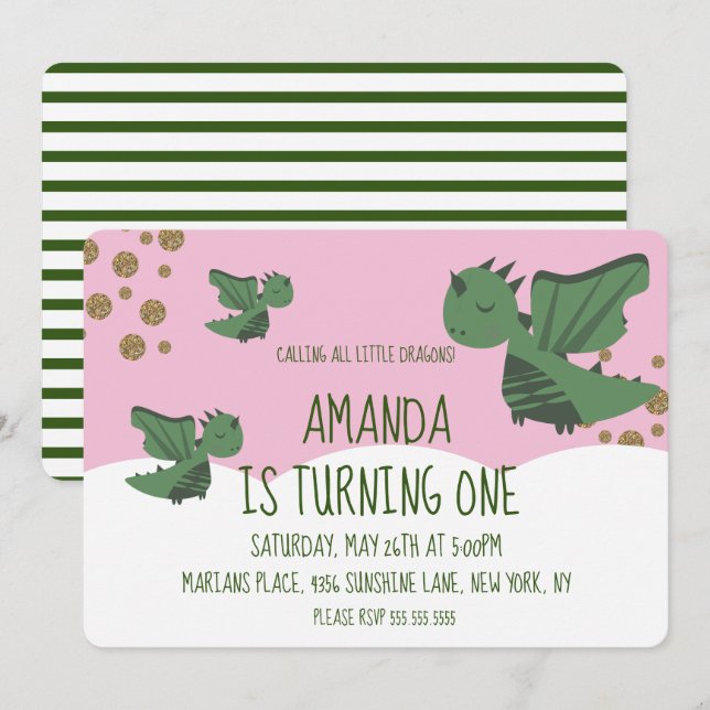 Little Dragons Glitter and Clouds Birthday Party Invitation (Front/Back)