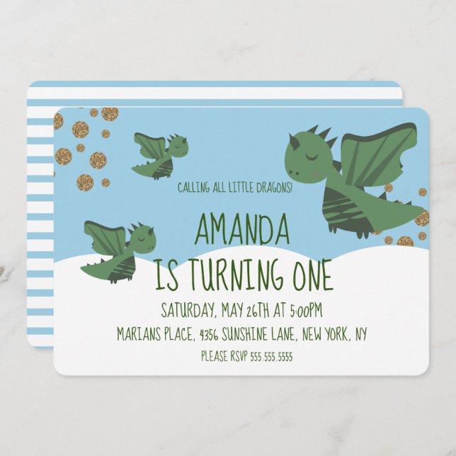 Little Dragons Glitter and Clouds Birthday Party Invitation (Front/Back)