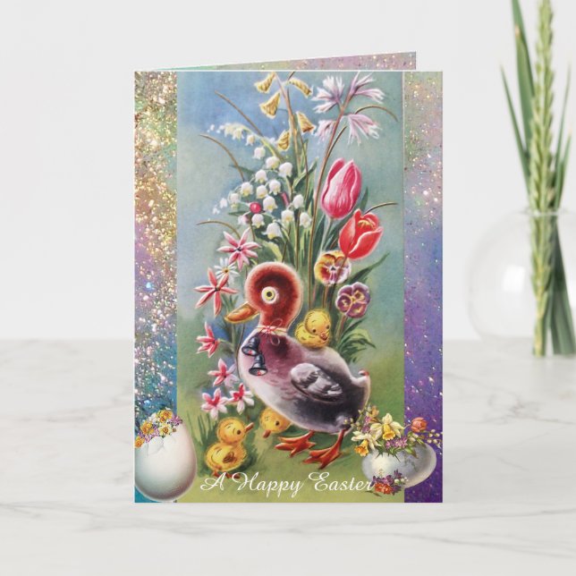 LITTLE DUCK,CHICKENS,EASTER EGGS WITH FLOWERS HOLIDAY CARD (Front)