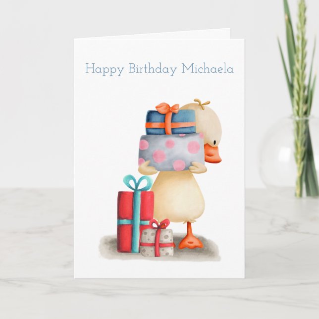 Little duck with presents personalised Birthday Card (Front)