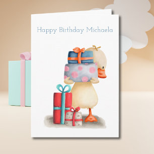 Little duck with presents personalised Birthday Card