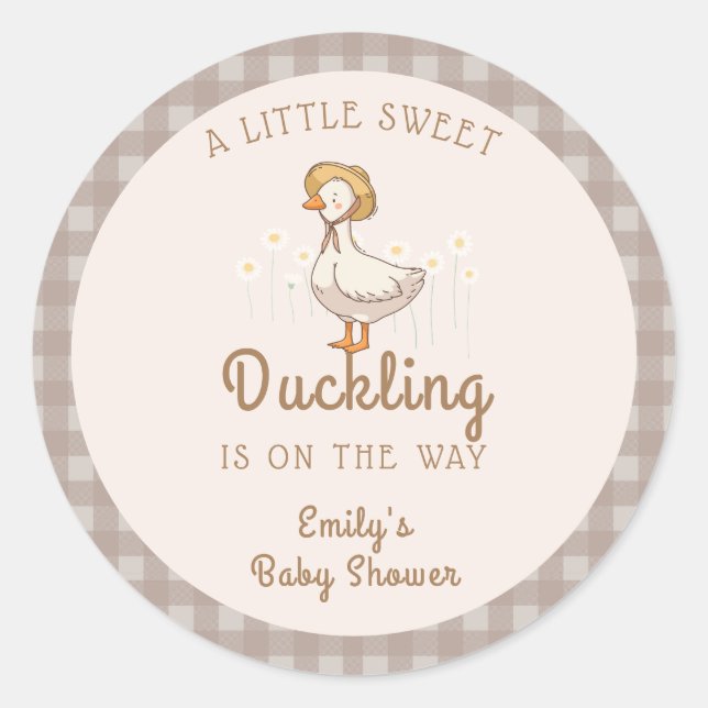 Little Duckling Farmhouse Gingham Baby Shower  Classic Round Sticker (Front)