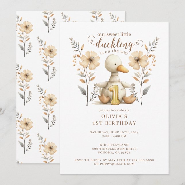 Little Duckling Watercolor 1st Birthday Invitation (Front/Back)