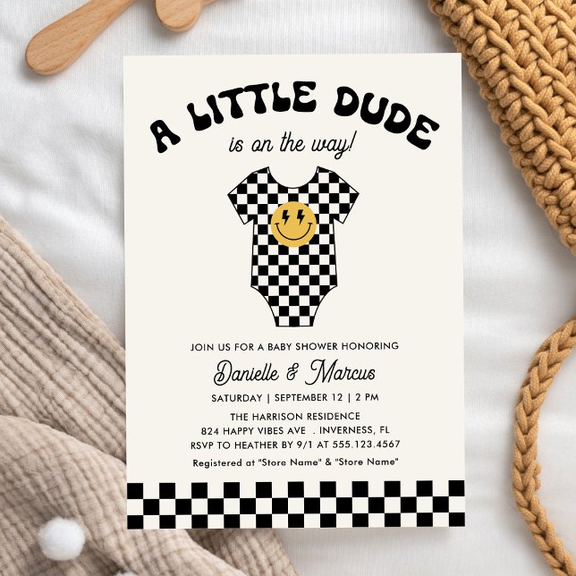 Little Dude Baby Bodysuit Retro Baby Shower Invitation (Creator Uploaded)