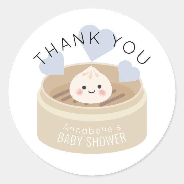 Little Dumpling Blue Baby Shower Thank You Classic Round Sticker (Front)