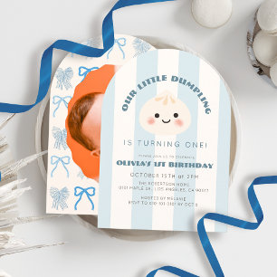 Little Dumpling Blue Stripes Photo 1st Birthday Invitation