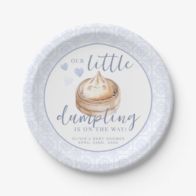 Little Dumpling Blue Watercolor Baby Shower Paper  Plate (Front)