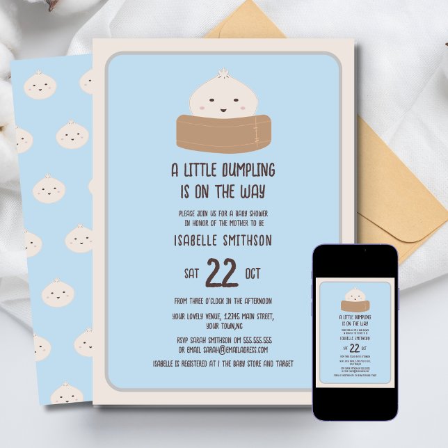 Little Dumpling On The Way Blue Baby Shower Invitation (Creator Uploaded)