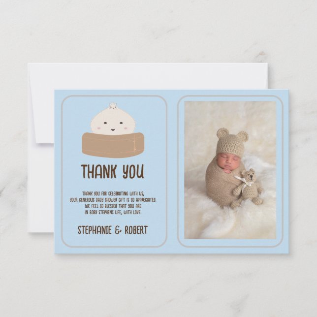 Little Dumpling On The Way Blue Baby Shower Photo Thank You Card (Front)
