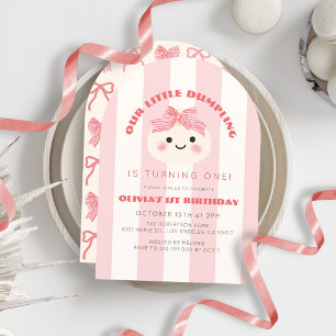 Little Dumpling Pink Bow Stripes Girl 1st Birthday Invitation
