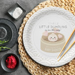 Little Dumpling White Baby Shower Paper Plate<br><div class="desc">This cute and kawaii "their little dumpling is on the way" gender-neutral baby shower paper plate features a dumpling with a smiling face in a chinese steamer on a white background with grey wave patterns. Personalise it for your needs.</div>