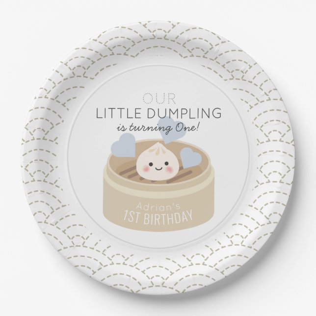 Little Dumpling White Blue Boy Birthday Paper Plate (Front)