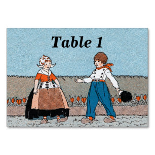 Little Dutch Girl Boy Wooden Shoes Red Tulips Table Number