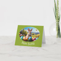 Little Easter Bunny in landscape, oval - greeting 