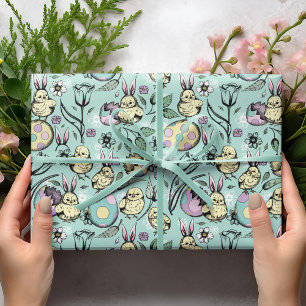 Little Easter Chicks & Bunny Ears, Eggs & Flowers Wrapping Paper