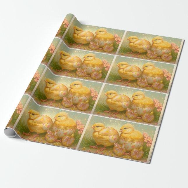 Little Easter Chicks In A Carriage Collection Wrapping Paper (Unrolled)