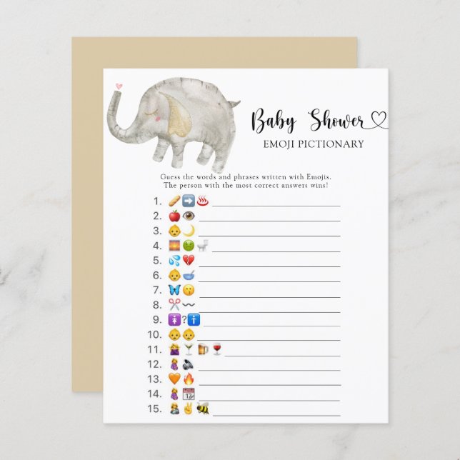 Little Elephant baby shower emoji pictionary game (Front/Back)