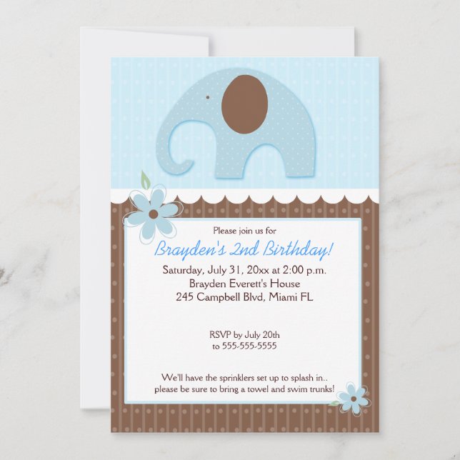 Little Elephant (Blue) 5x7 Boy Birthday Invitation (Front)
