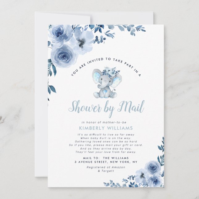 little elephant blue floral baby shower by mail invitation (Front)