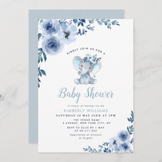 little elephant blue floral baby shower invitation (Front/Back)
