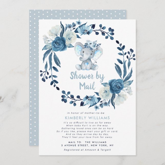 little elephant blue flowers baby shower by mail invitation (Front/Back)
