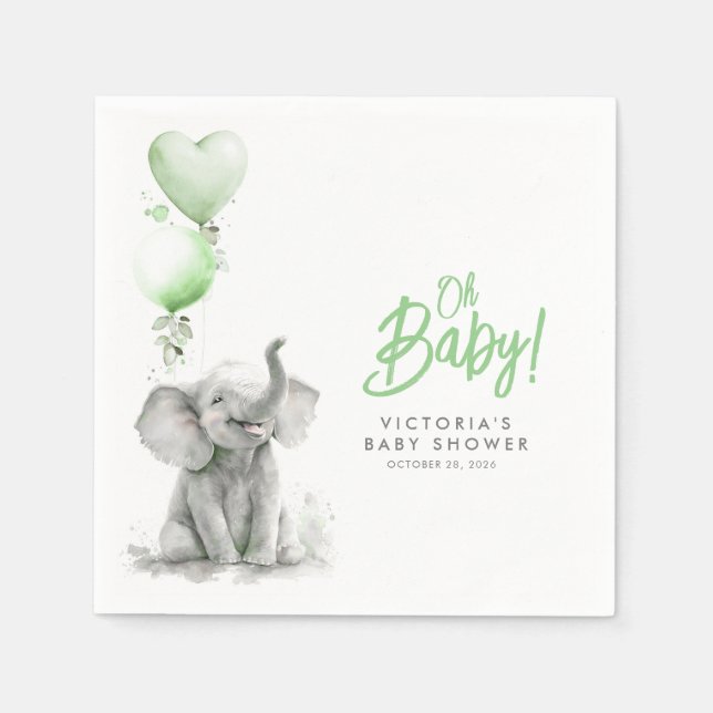 Little Elephant Cute Green and Grey Baby Shower Napkin (Front)