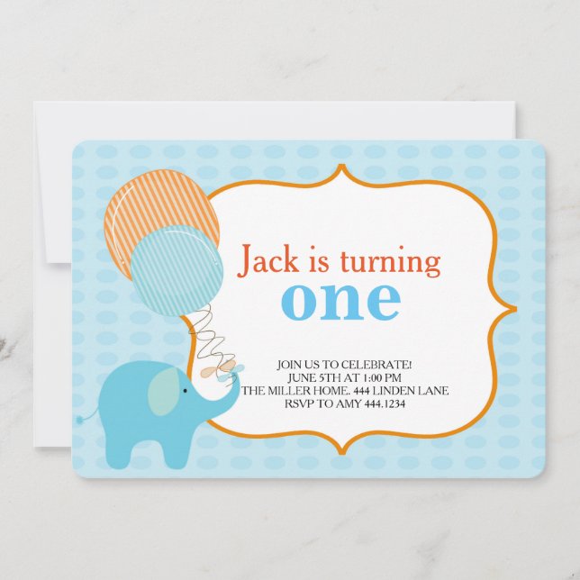 Little Elephant First Birthday Invitations (Front)